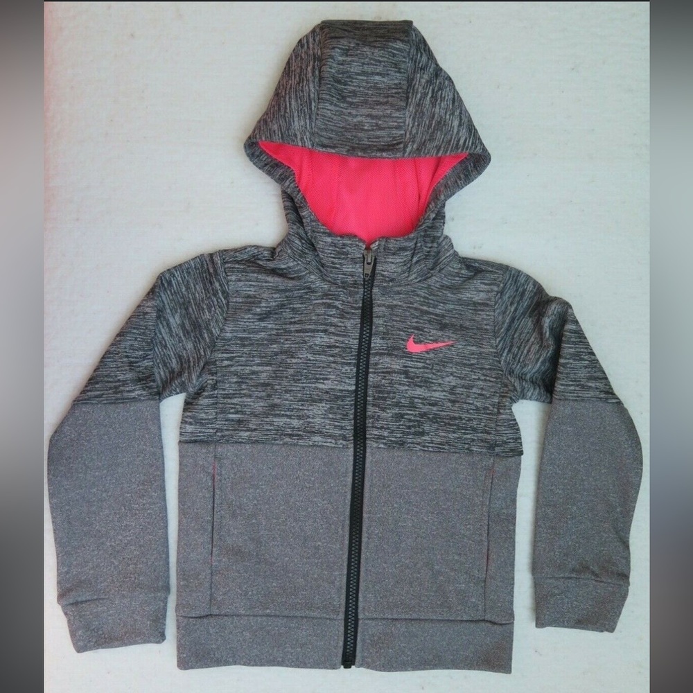 Nike Little Girls Therma Dri-Fit Full Zipper Hoodie in Gray/Pink